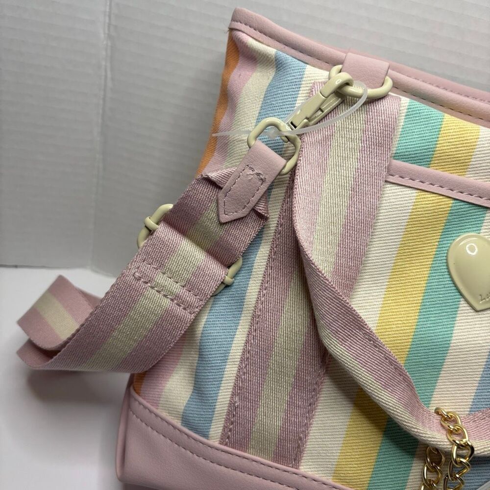 Betsey Johnson Canvas Tote Colorful Rainbow Stripe Floral Bag Charm NWT - Picture 5 of 14